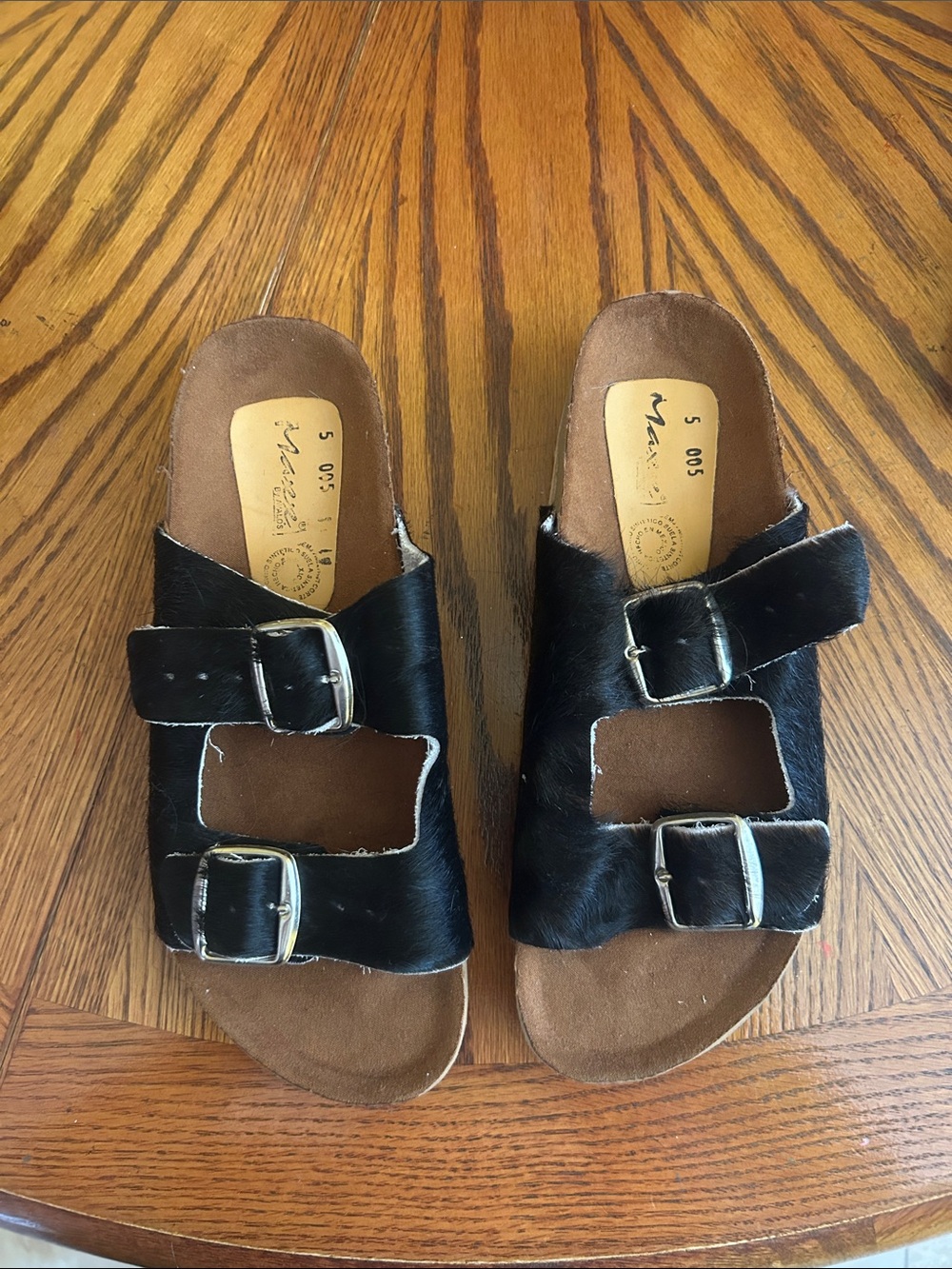 Black Cowhide Double-Buckle Slide Sandals